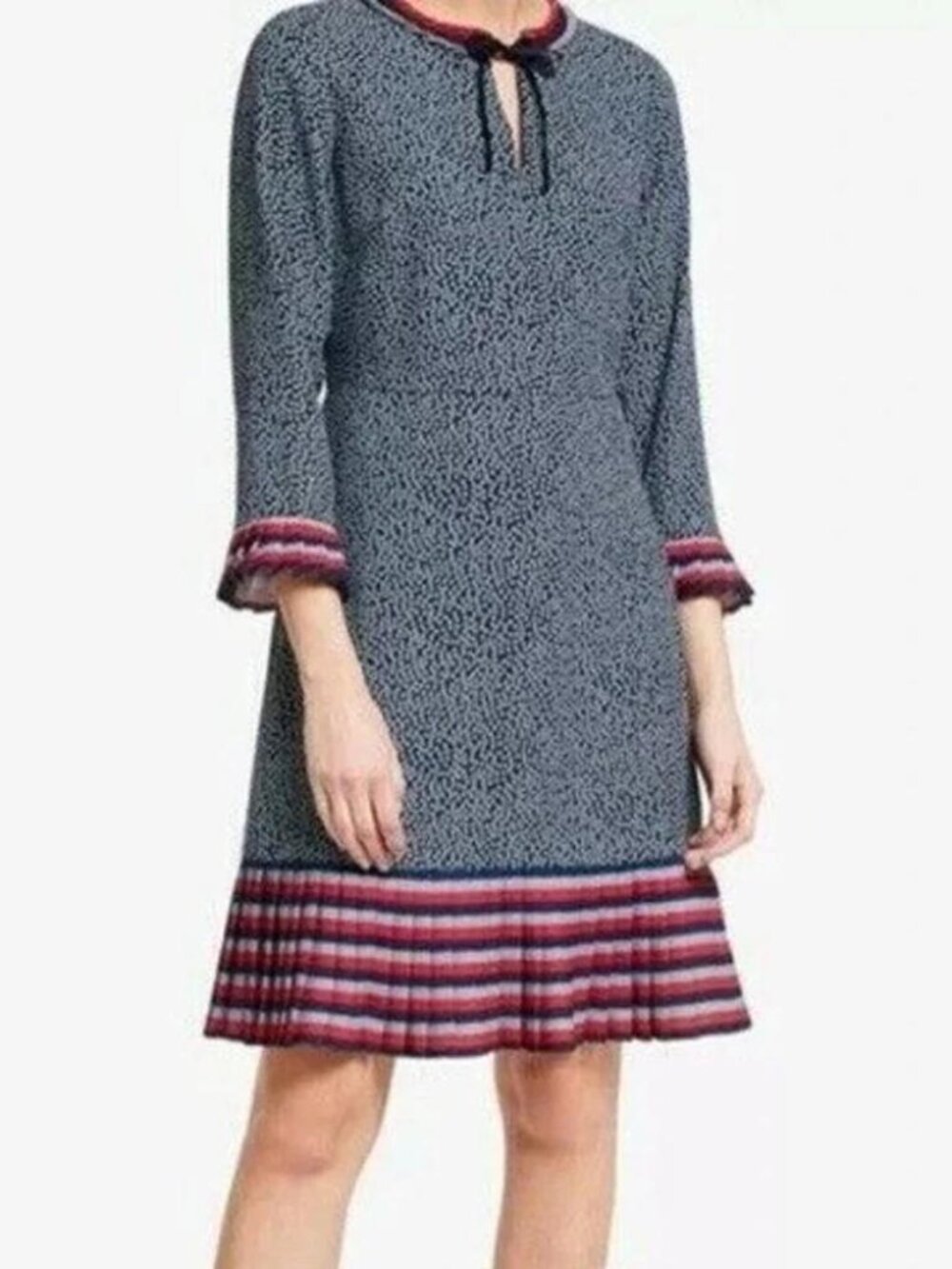 Boden Lara Pleat Shift Dress US 8R blue polka dot red & blue stripe ruffle hem